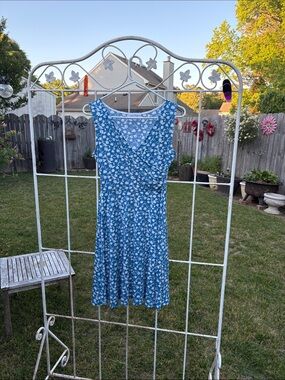 Blue Floral Sleeveless Wrap-Style Dress